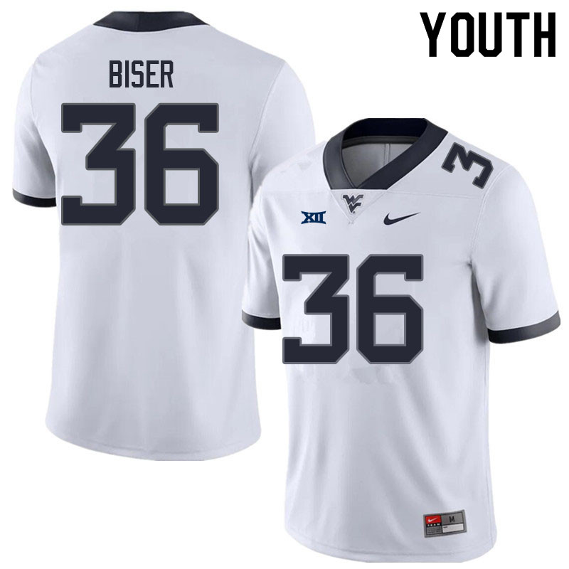 Youth #36 Caden Biser West Virginia Mountaineers College Football Jerseys Sale-White